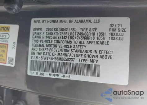 2021 Honda Pilot Awd Ex-L from USA, damaged, VIN 5FNYF6H56MB058237